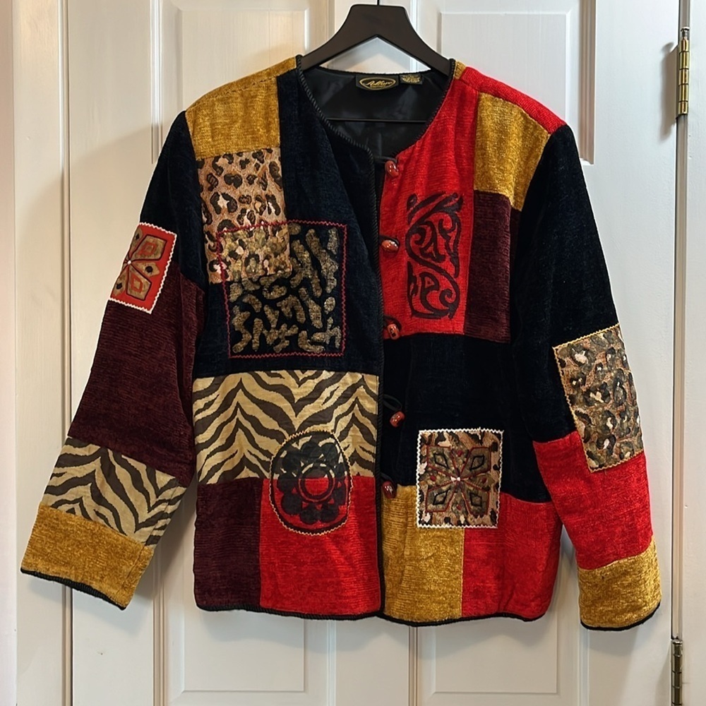 Vtg Allure Boutique Patchwork Painted Design Corduroy Jacket - Size Large